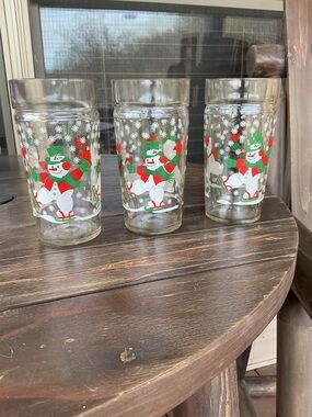 3 Vintage 1980 Christmas Anchor Hocking Ice Skating Snowman Glass Tumblers